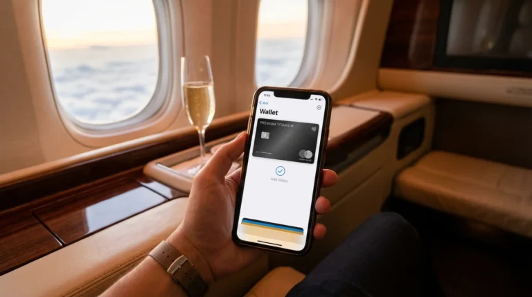 Traveler adding a premium metal credit card to a digital wallet on a smartphone while sitting in a luxury first class airline cabin.