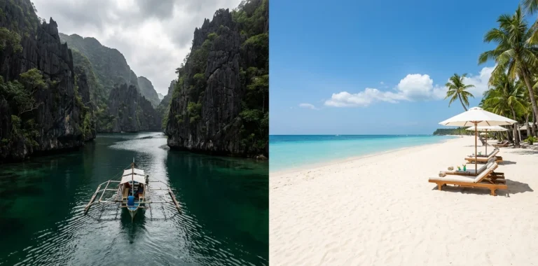 Comparison of Palawan's dramatic limestone lagoons versus Boracay's pristine white sand beaches and luxury resorts.