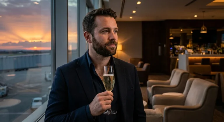 Solo traveler relaxing in a luxury first class lounge with champagne during sunset