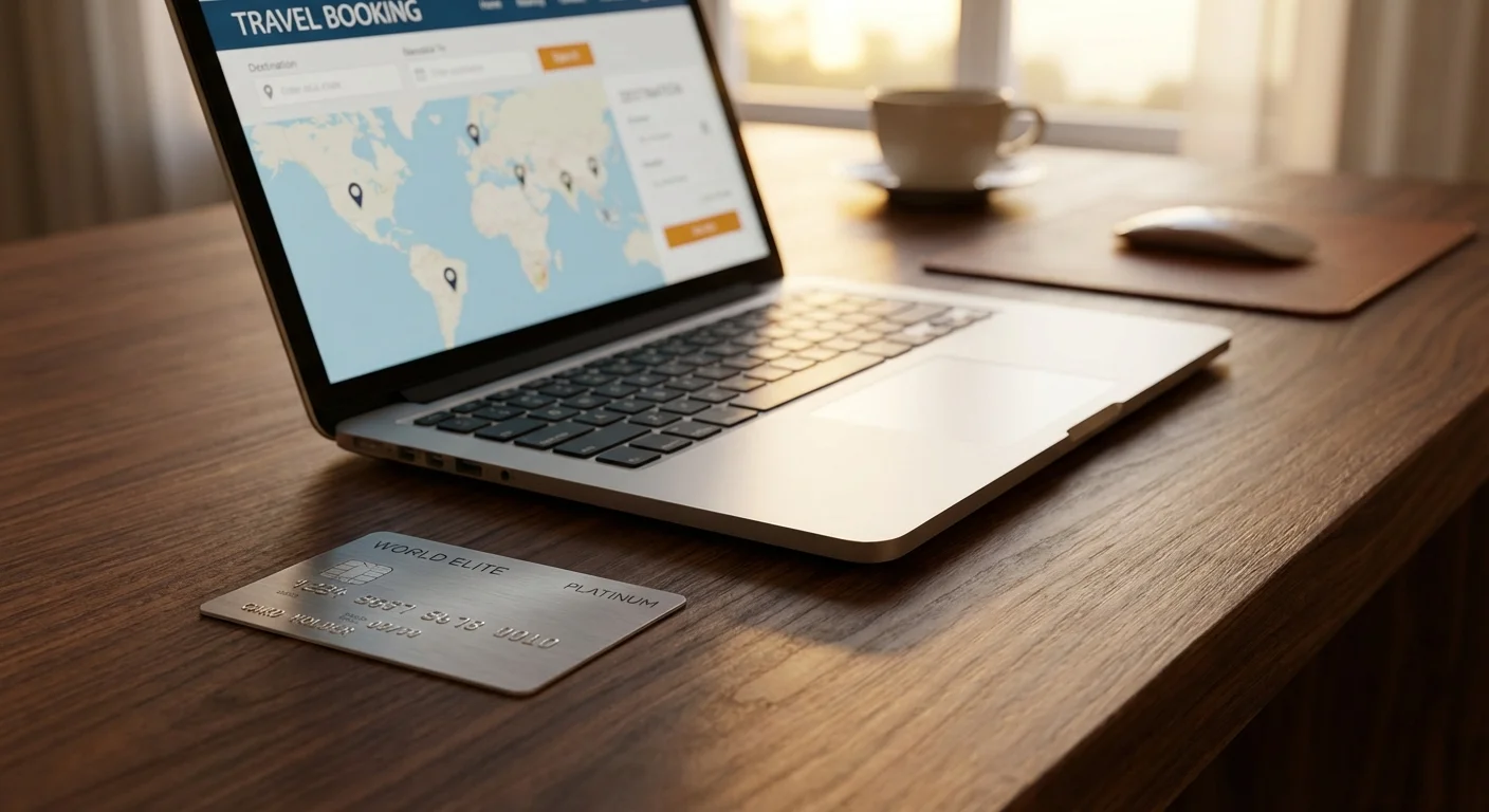 Platinum credit card on desk with travel planning on laptop screen