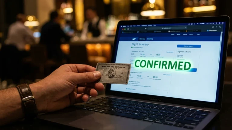 Traveler holding a metal credit card over a laptop booking a flight, illustrating points vs cash redemption strategy.