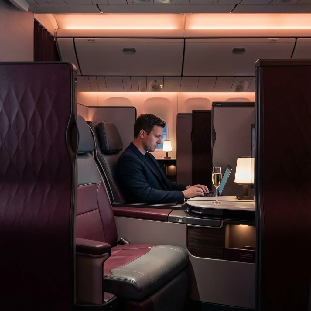 Qatar Airways Qsuite Business Class cabin with sliding door and luxury amenities