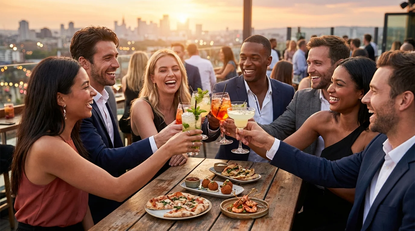 Group of friends enjoying drinks and appetizers at a rooftop bar, illustrating the dining and entertainment rewards of the Capital One Savor card.