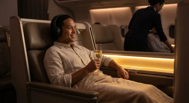 Traveler enjoying business class lie-flat seat booked with purchased airline miles