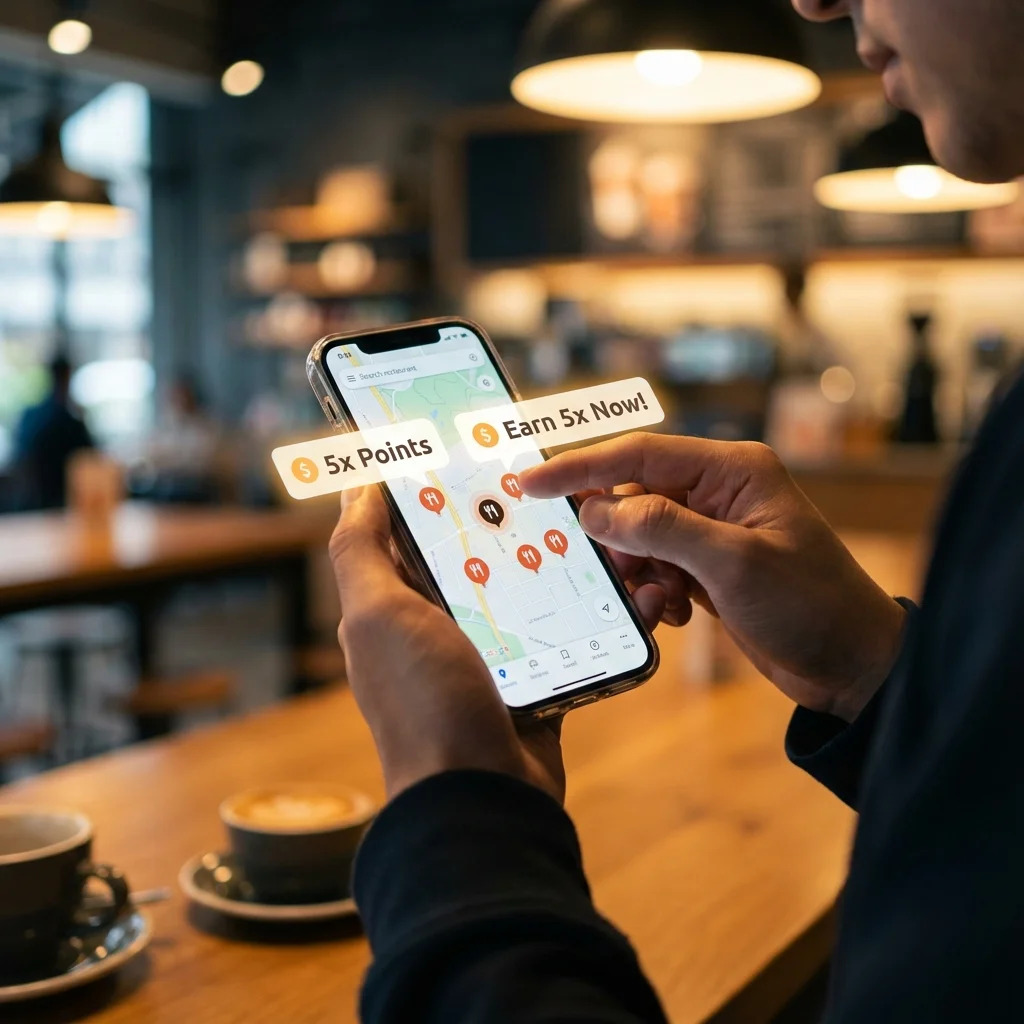 Smartphone displaying dining rewards map in a cafe