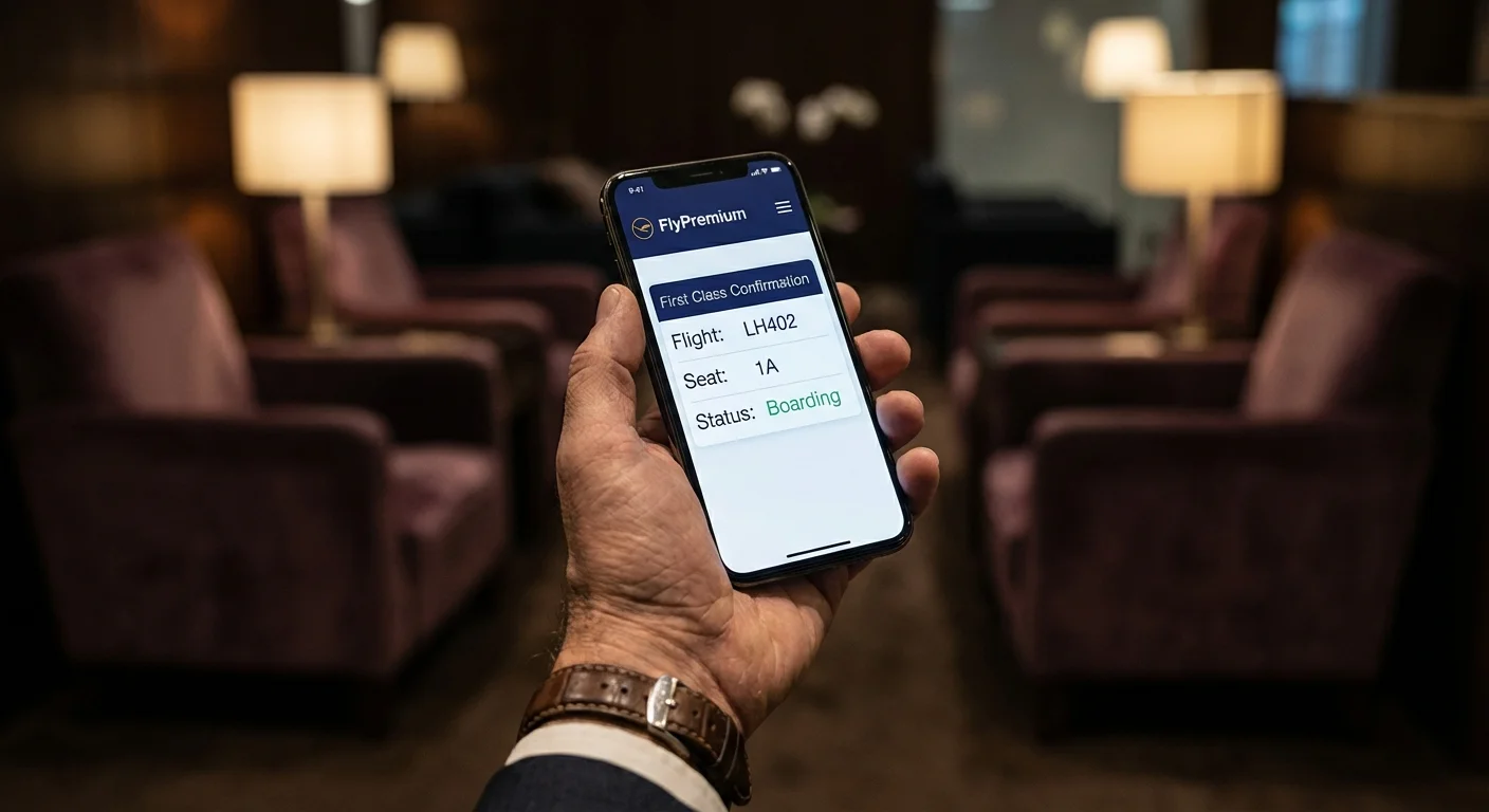 Smartphone screen showing airline award booking confirmation in a luxury lounge