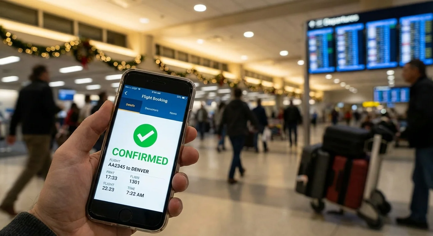 Smartphone showing confirmed flight booking with blurred airport background