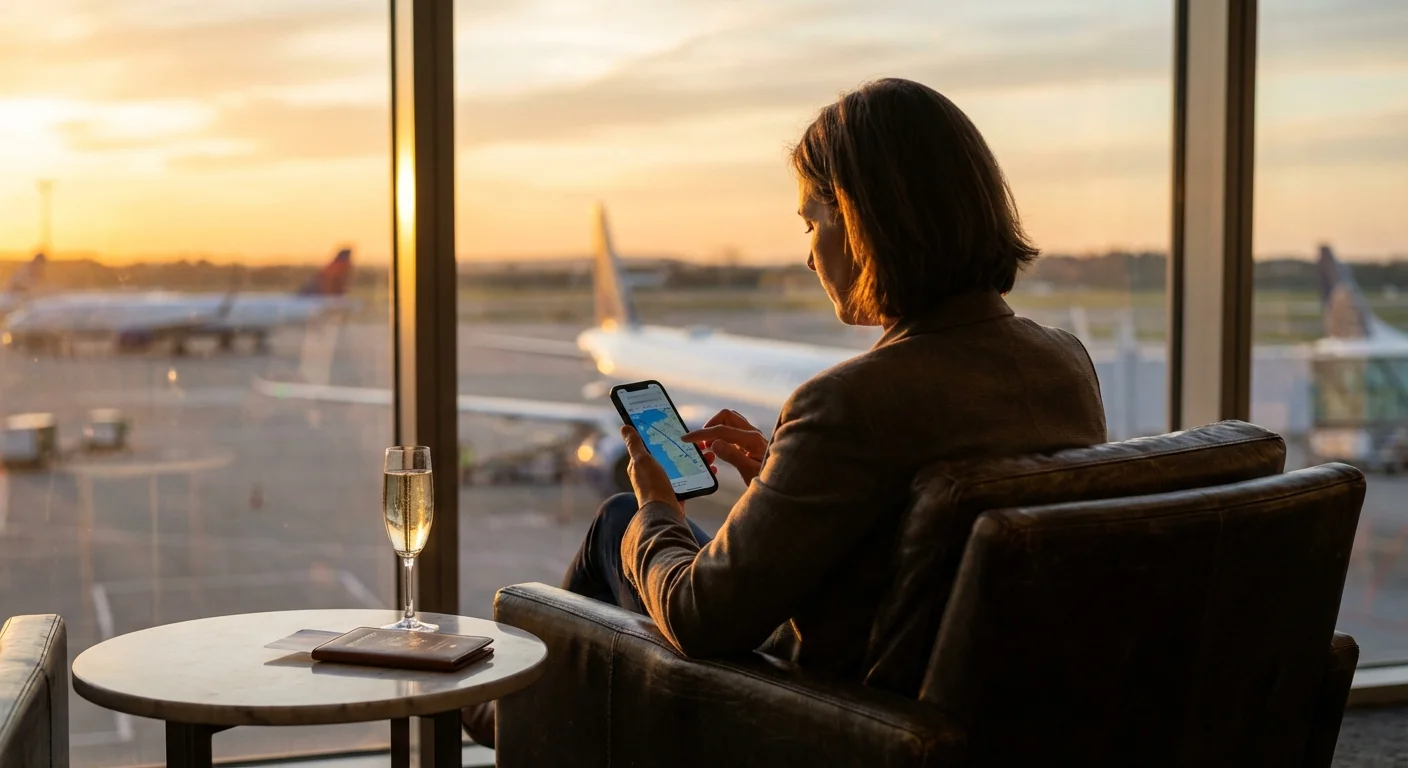 Solo traveler in airport lounge checking flight availability on phone