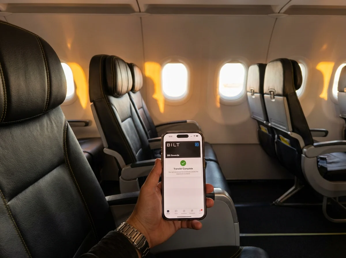 Spirit Airlines Big Front Seat interior with Bilt Rewards app notification