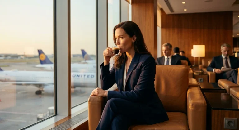 Business traveler relaxing in a luxury Star Alliance airport lounge with runway view at sunset.