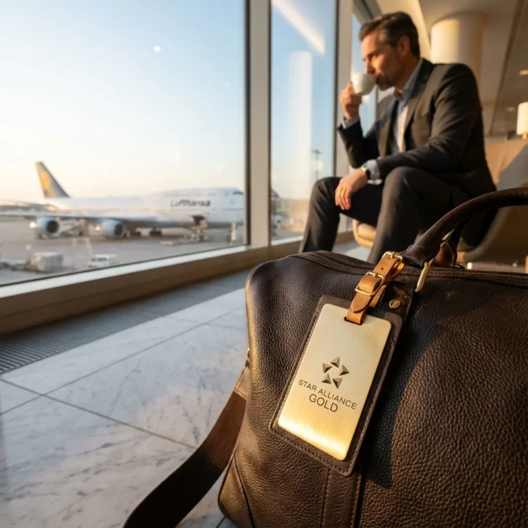 Star Alliance Gold luggage tag on leather bag in luxury airport lounge with Lufthansa plane in background