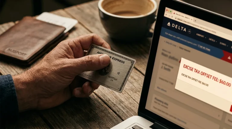 Close up of Amex Platinum card next to laptop showing airline transfer fee warning symbolizing Amex Transfer Fees.