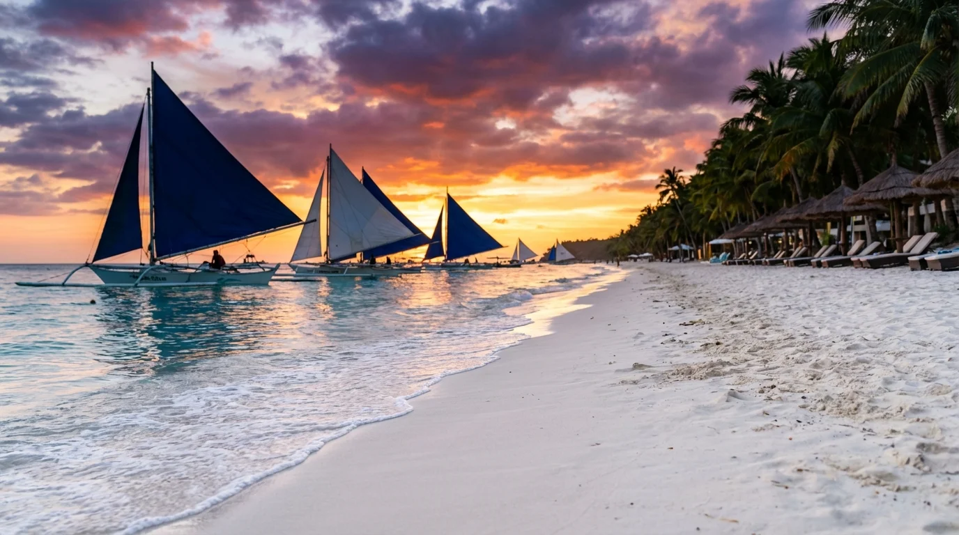 Sunset sailing paraws on Boracay White Beach Station 1.
