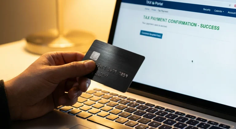 Hand holding a premium metal credit card over a laptop showing a successful online tax payment confirmation.