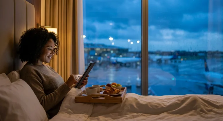 Traveler relaxing in hotel room with room service during a flight delay, covered by credit card insurance.
