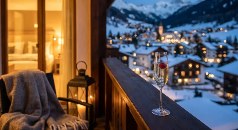 Luxury hotel balcony view of snowy mountain village at dusk with champagne glass in foreground