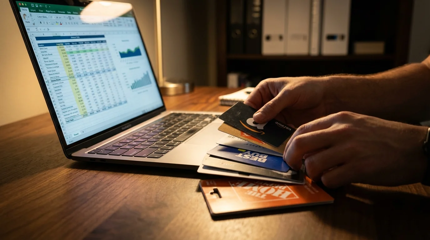 Travel hacker organizing gift cards for reselling points strategy