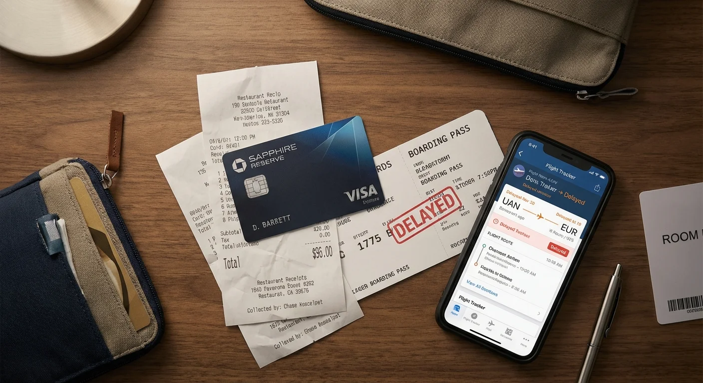 Travel insurance claim kit showing receipts and credit card