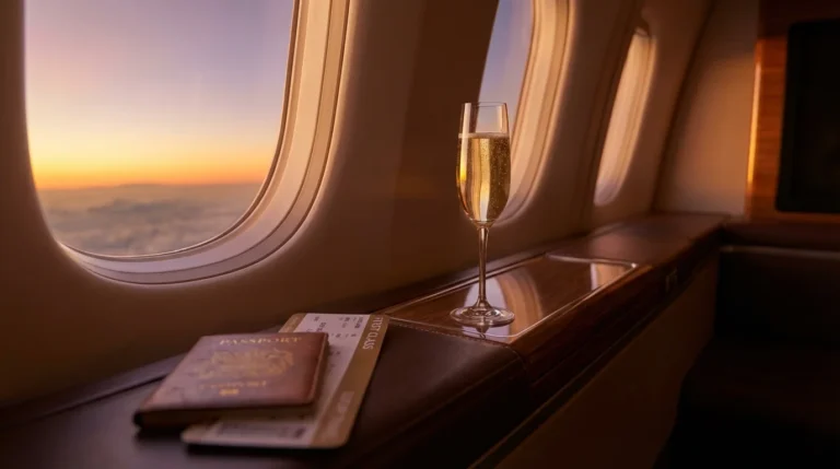 First class airplane seat with champagne and passport showing luxury travel points redemption