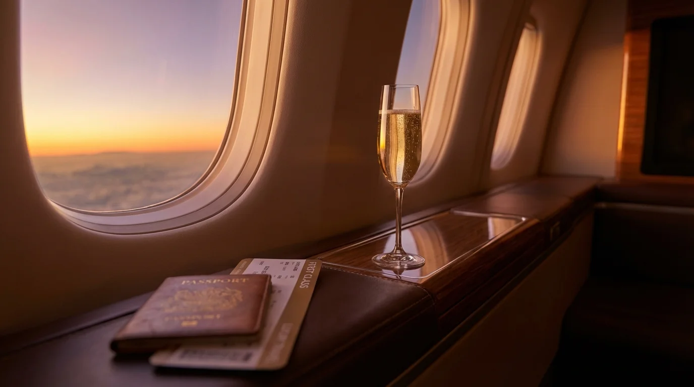 First class airplane seat with champagne and passport showing luxury travel points redemption