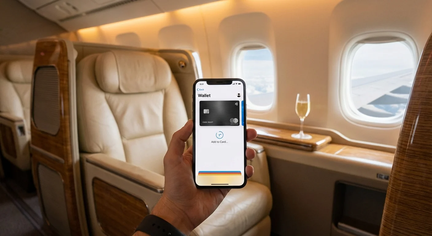 Traveler adding a premium credit card to a digital wallet in a luxury first class cabin