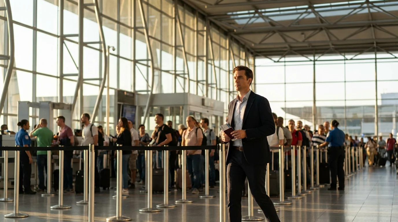 Traveler bypassing long airport security lines using Global Entry and TSA PreCheck benefits