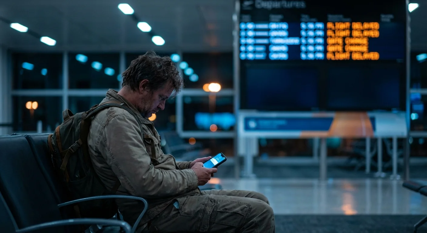 Traveler checking flight delay notification on phone at airport