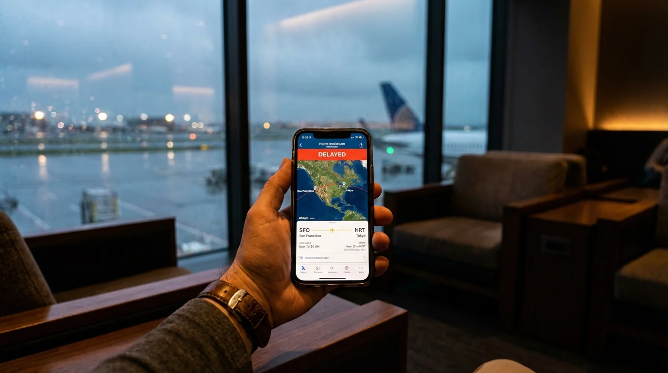 Traveler checking flight delay status on smartphone app in airport lounge