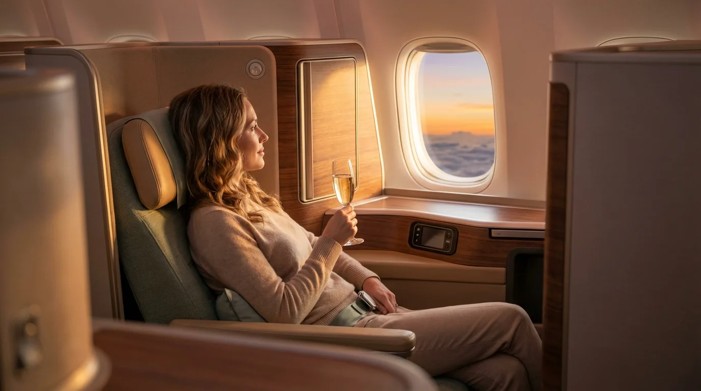 Traveler enjoying champagne in Cathay Pacific Business Class Aria Suite