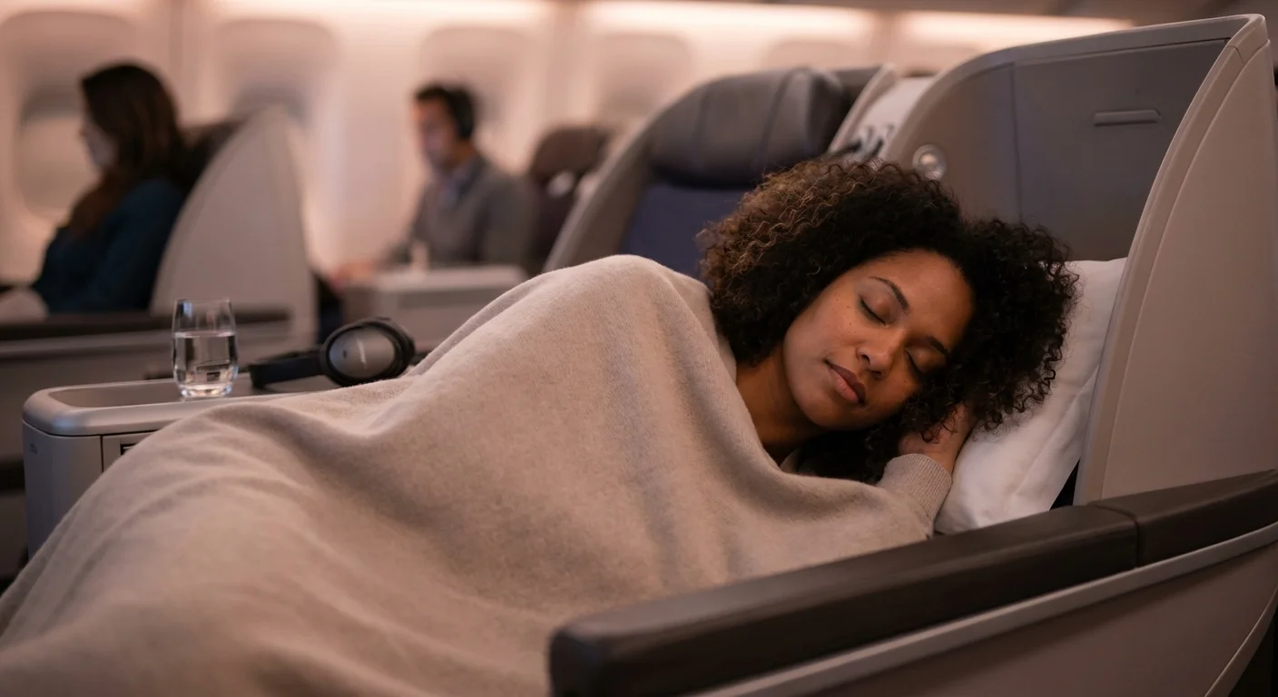 Traveler sleeping in LOT Polish Airlines lie-flat business class seat
