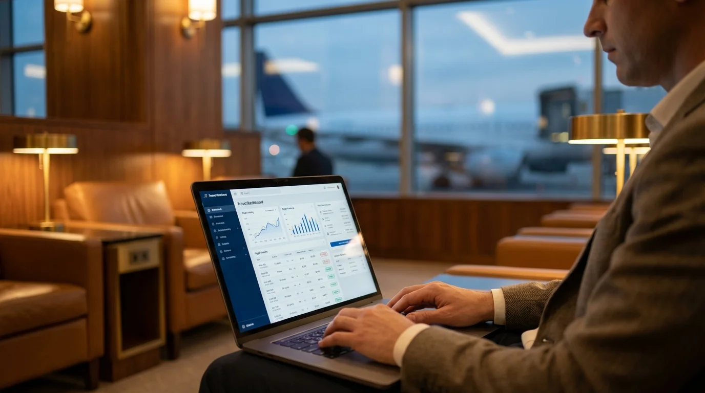 Traveler using laptop in luxury airport lounge to book flights