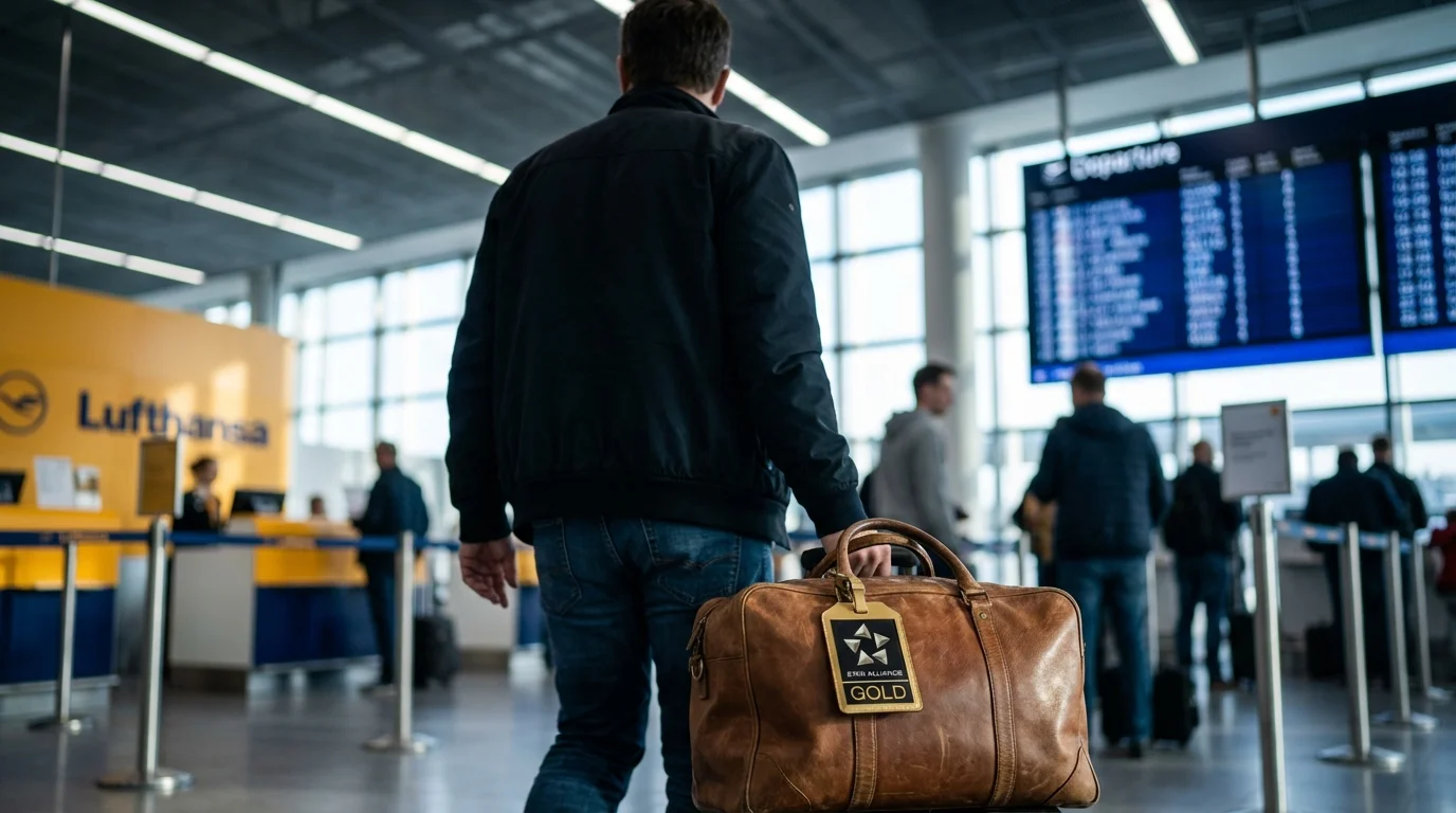 Traveler with Star Alliance Gold luggage tag walking through airport terminal near Lufthansa check-in