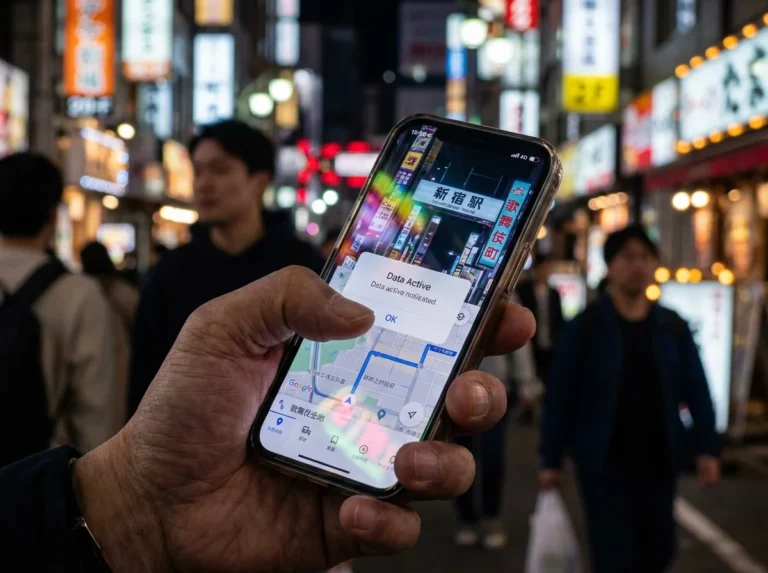 Smartphone showing active data connection on a Tokyo street at night, illustrating free international eSIM usage.
