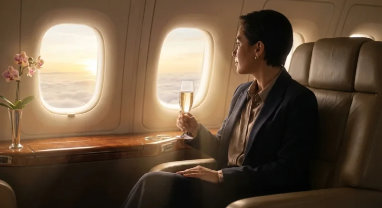 Passenger enjoying champagne in a luxury first class airline suite during sunrise symbolizing Award Seat Availability.