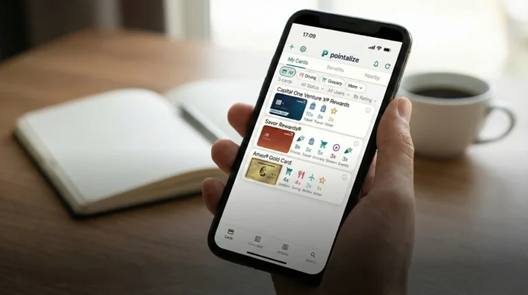 A hand holding a smartphone displaying the Pointalize app dashboard, showing credit card reward tracking and multipliers, set against a blurred workspace background with a notebook and coffee cup.