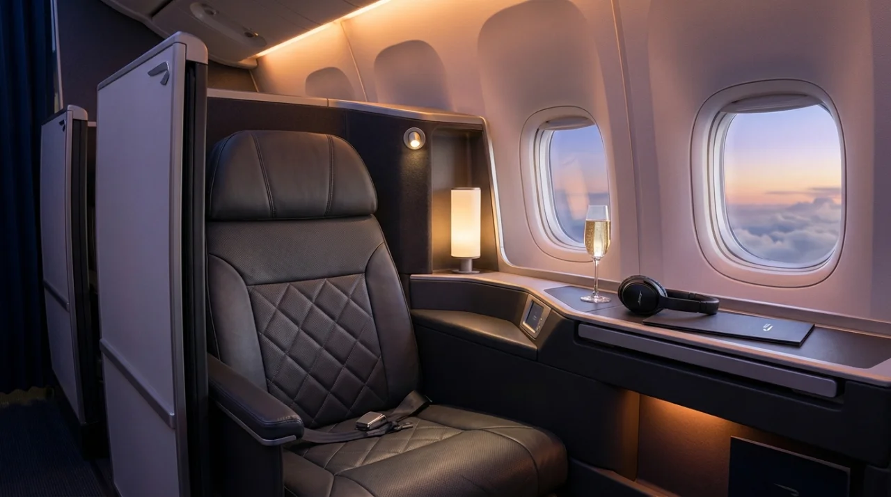 Passenger relaxing in British Airways Club Suite business class cabin with privacy door and champagne.