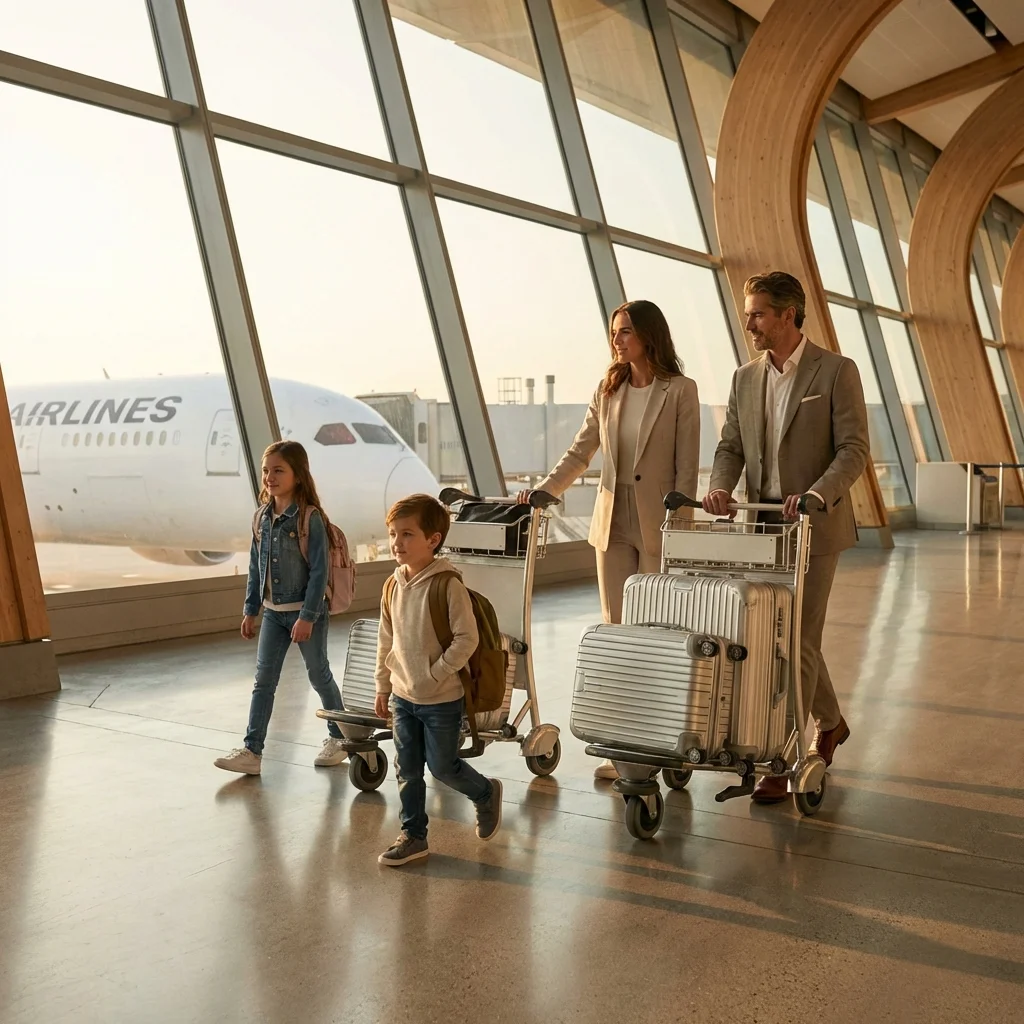 Family of four walking through a luxury airport terminal with an Air France plane visible in the background, representing successful award travel strategies.