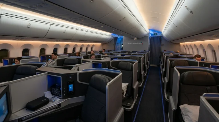 American Airlines Flagship Suite Business Class Cabin with traveler working on laptop, representing 2026 AAdvantage status goals.