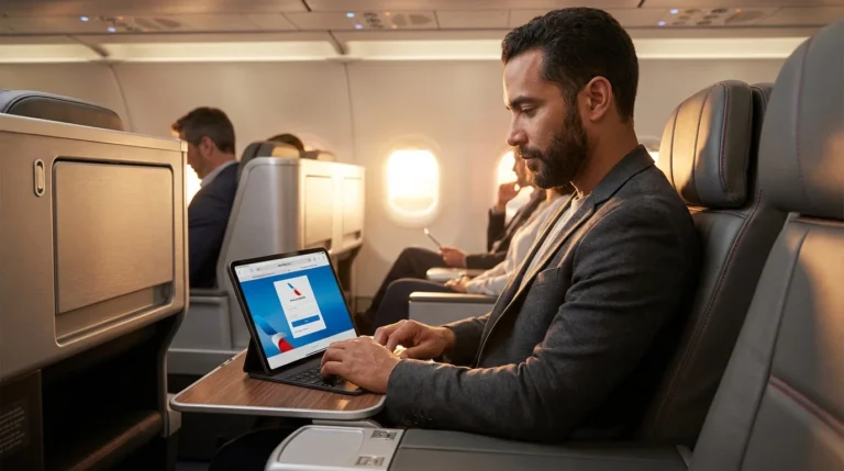 Traveler connecting to American Airlines free Wi-Fi on a tablet in First Class cabin showing aainflight portal.