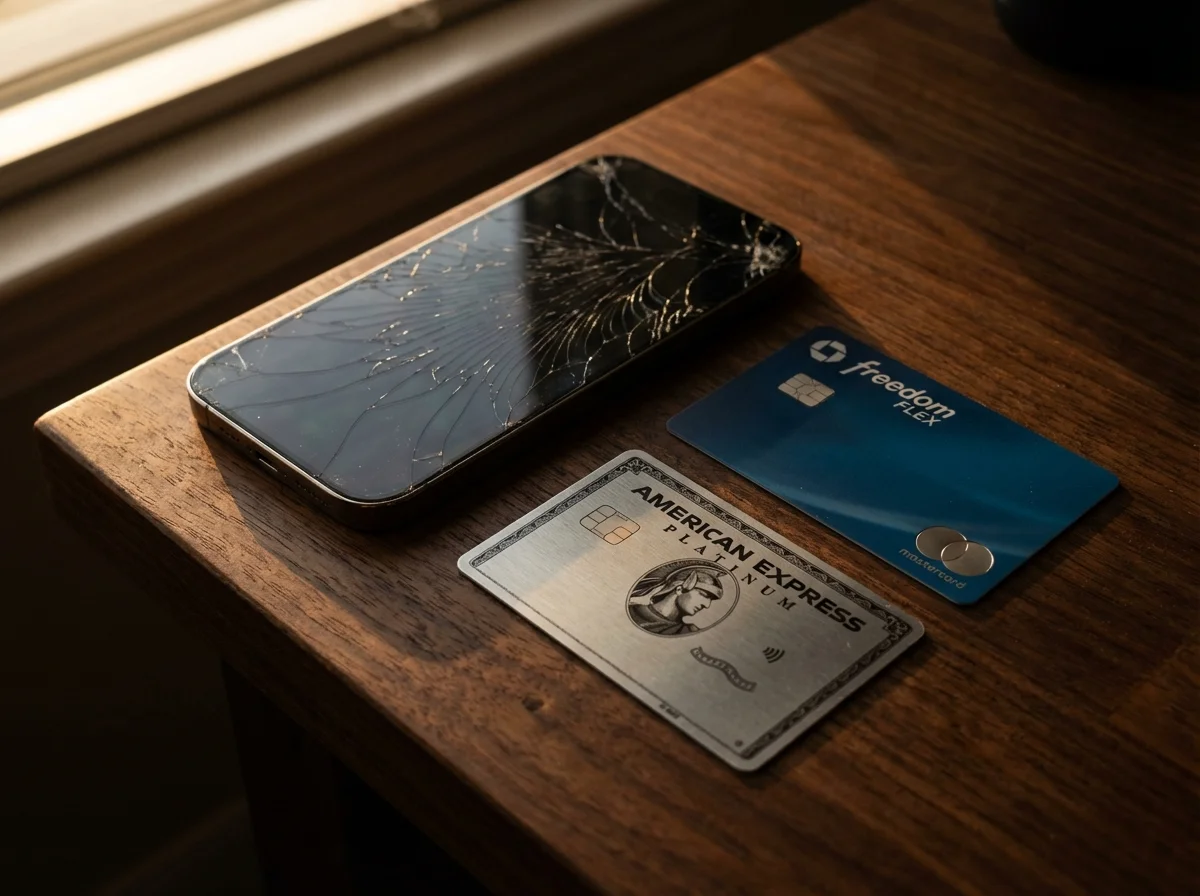 Broken iPhone screen next to Amex Platinum and Chase Freedom Flex credit cards showing cell phone protection benefits