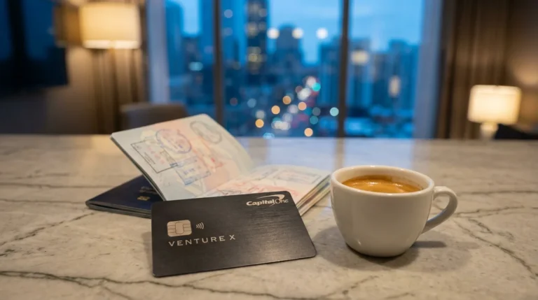 Capital One Venture X card on a luxury hotel table with a passport and espresso, overlooking a city skyline at dusk.
