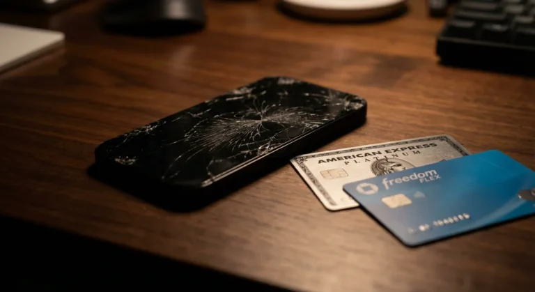 Shattered iPhone screen next to Amex Platinum and Chase Freedom Flex credit cards showing cell phone protection benefits
