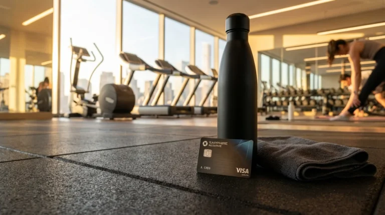 Chase Sapphire Reserve card on gym bench illustrating the Pay Yourself Back fitness category for Q1 2026