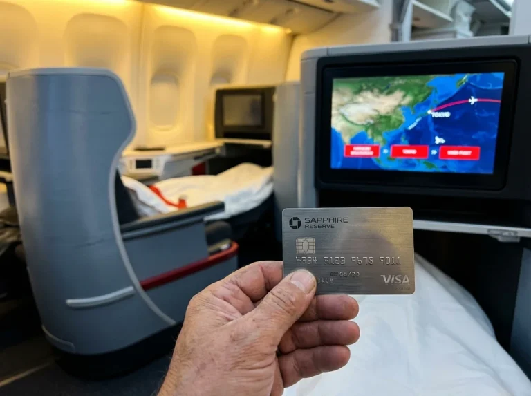 Chase Sapphire Reserve credit card held in front of an Air Canada business class seat, illustrating travel rewards redemption.