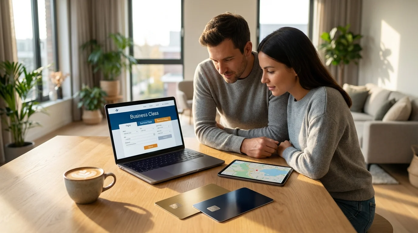 Couple planning travel using credit card points strategy