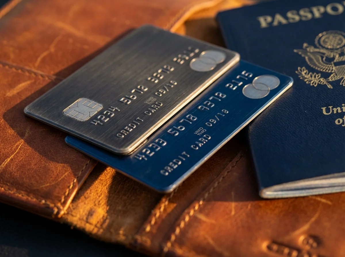 Two premium metal credit cards and a passport representing authorized user benefits