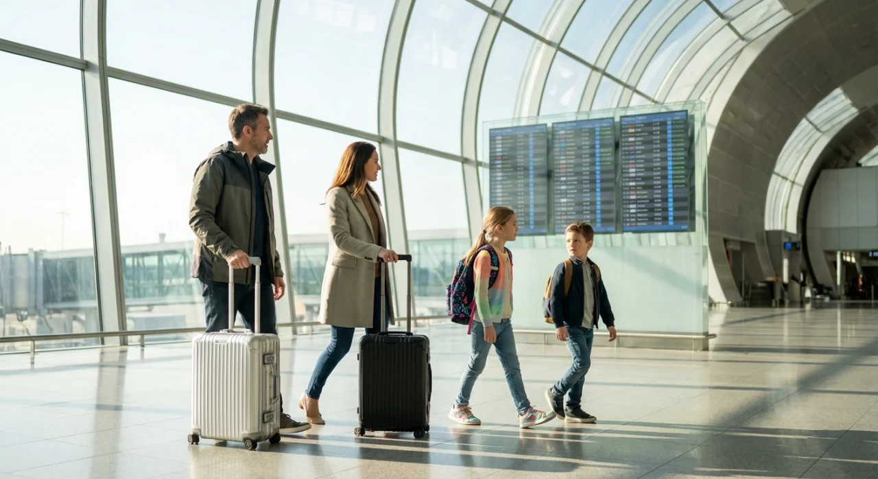 Family of four navigating a modern airport terminal with luggage, preparing for an award flight.