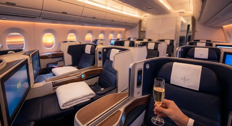 Air France A350 Business Class cabin suite with navy blue seats and champagne, showing a sunset view out the window.