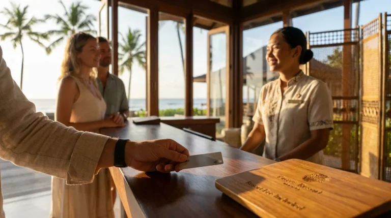 Traveler checking into a luxury resort front desk with a metal credit card, highlighting resort fee policies.