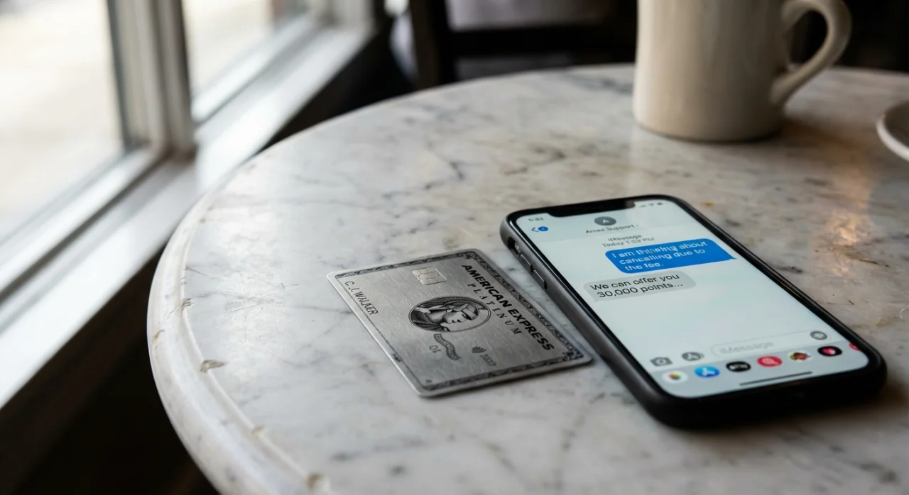 Hand holding a metal credit card next to a smartphone with a calendar reminder to call for a retention offer.
